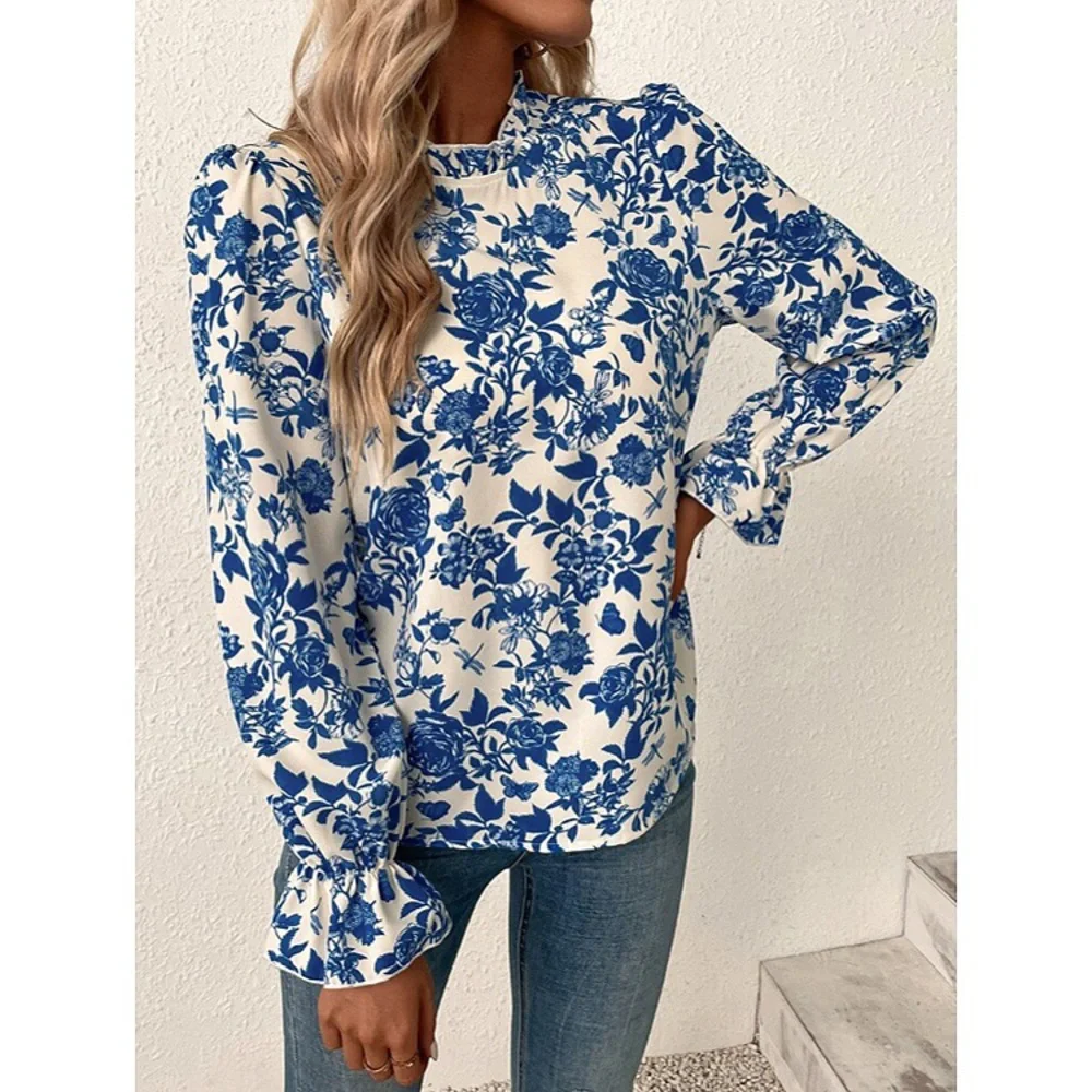 💙 BOHO BLUE IVORY FLORAL LONG SLEEVE BLOUSE! - Picture 6 of 8